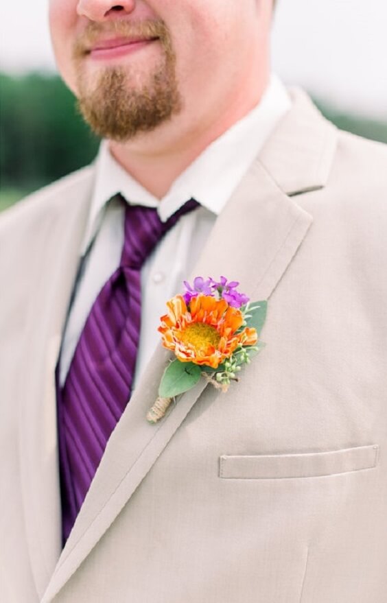 Khaki suits for purple and persimmon winter wedding
